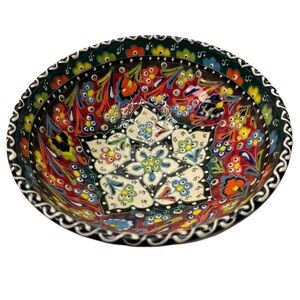 Hand Painted & Artist Signed Traditional Turkish Ceramic Bowl w/ Raised Texture
